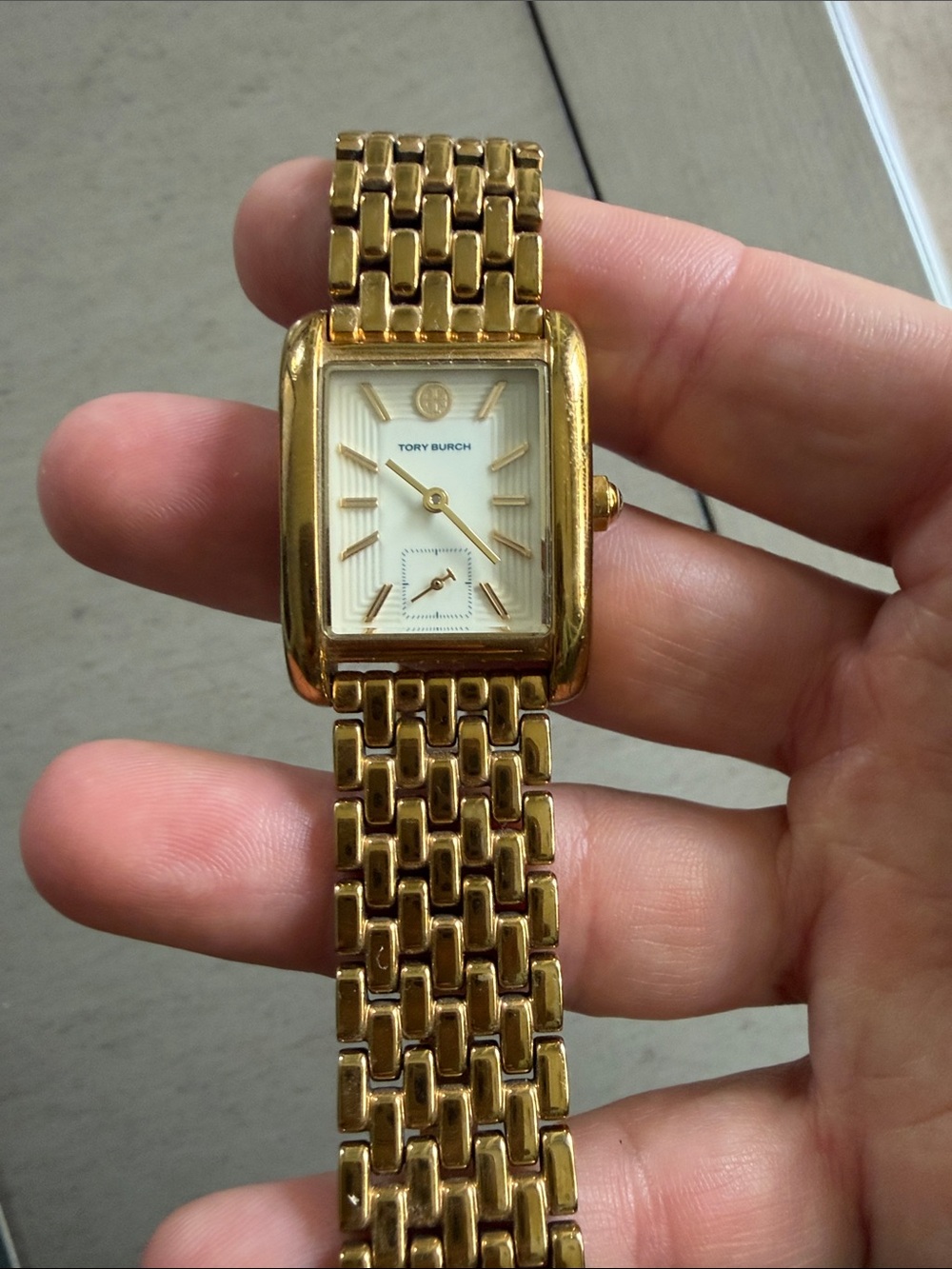 Tory Burch Gold Rectangular Tank Bracelet Watch Ivory Dial